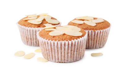 Muffins with fresh almond flakes isolated on white