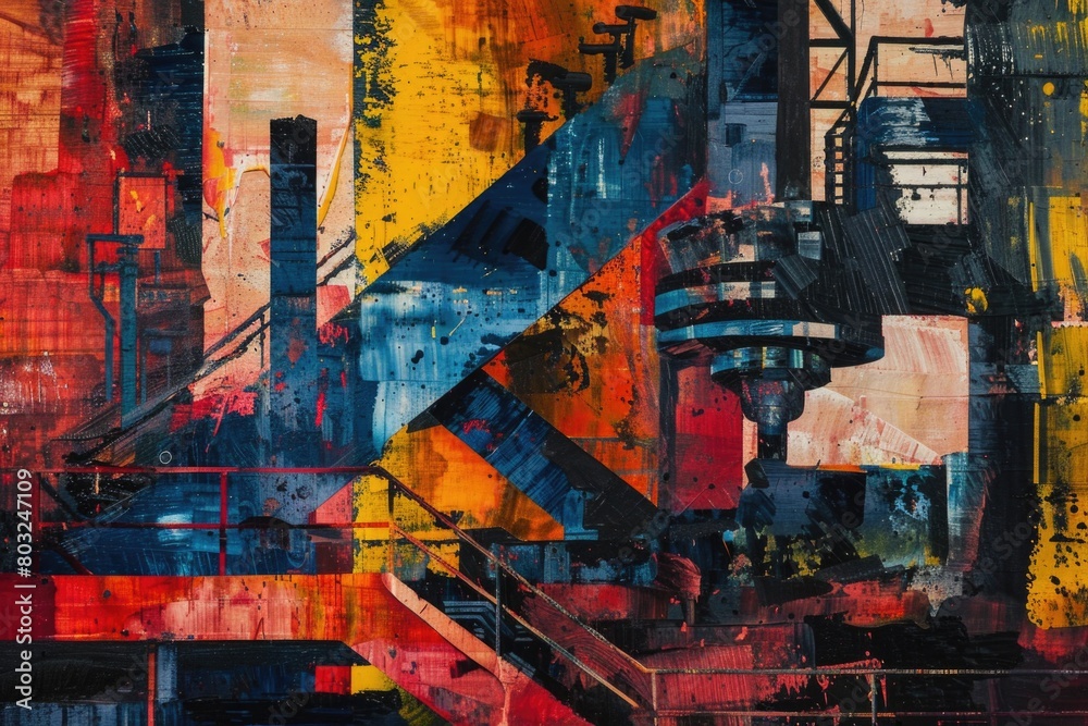 Poster a painting of a building with a fire escape staircase. ideal for urban design projects