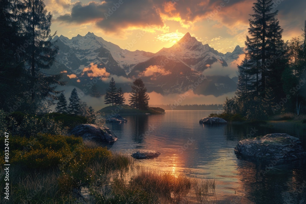 Poster scenic view of a lake with a majestic mountain in the background. perfect for travel and nature them