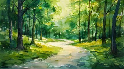 An oil artwork painting of a step path in the green woods, showcasing natures beauty