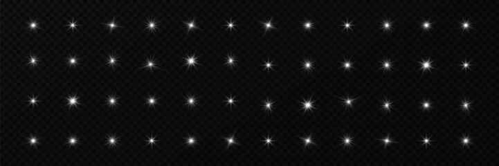 Collection of white glowing light flashed on transparent background, white sun rays, glowing bright stars, star exploded with glitter, light effect, light flare.