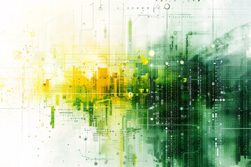 Abstract digital art in blue and orange with circular shapes and pixelated texture