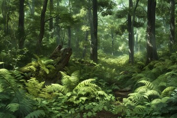 Obraz premium Abundant trees in a thick, green forest providing a lush canopy with sunlight filtering through the leaves