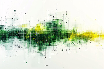 green and yellow digital art with pixelated effects and geometric shapes