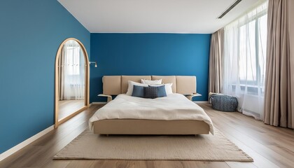 Simple modern bedroom interior ideas, blue wall, cozy bed, minimalistic design