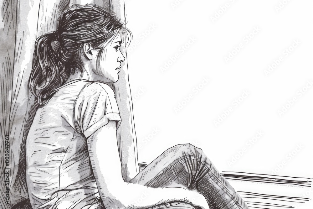 Poster a girl sitting on a window sill, suitable for various concepts