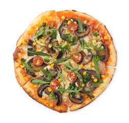 Delicious vegetarian pizza with mushrooms, vegetables and arugula isolated on white, top view