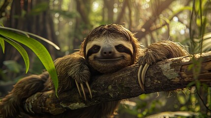 Naklejka premium Smiling sloth hanging on a tropical tree branch at sunset
