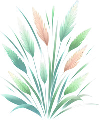 Bush ornamental grass clipart, various grass bushes isolated on transparent background, digital art pastel