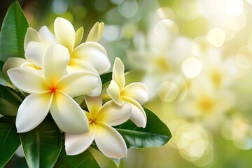 Obraz premium Cluster of white and yellow flowers surrounded by vibrant green leaves in nature