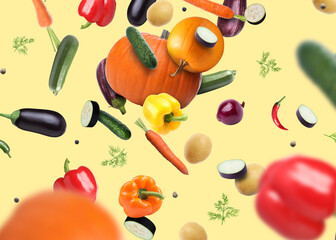 Different fresh vegetables in air on yellow background