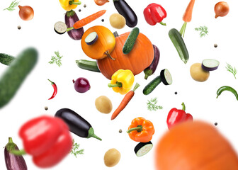 Different fresh vegetables in air on white background