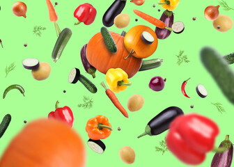 Different fresh vegetables in air on green background