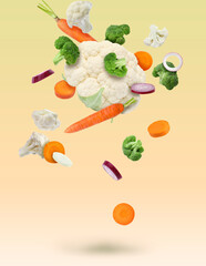 Different fresh vegetables in air on color gradient background