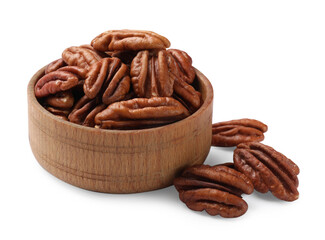 Tasty pecan nuts in bowl isolated on white