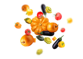 Different fresh vegetables in air on white background