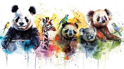 Fototapeta premium Colorful animal watercolor painting with panda, giraffe, and birds