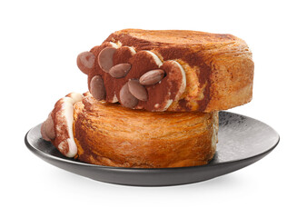 Round croissants with chocolate chips and cream isolated on white. Tasty puff pastry