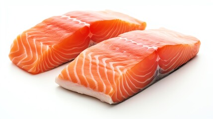 Two pieces of raw salmon fillet on a white background.