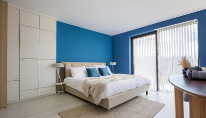 Fototapeta na wymiar Simple modern bedroom interior ideas, blue wall, cozy bed, minimalistic design
