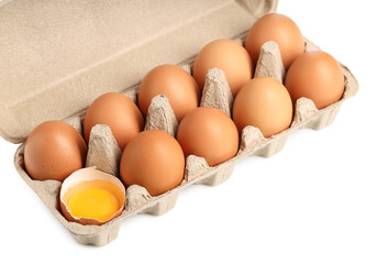 Chicken eggs in carton isolated on white