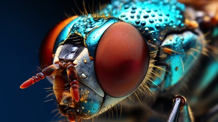Take an extreme close up photograph of a blue fly's compound eye.
