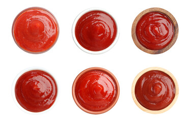 Set of tasty ketchup in different bowls isolated on white, top view. Tomato sauce