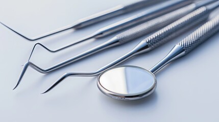 Shiny dental instruments on sterile surface