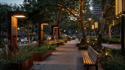 Fototapeta premium A city park with solar-powered lights and benches made from recycled materials, illustrating practical urban sustainability