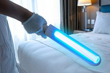 Hotel worker is sanitizing a bed using a portable uv light wand to ensure a germ-free environment. The focus is on cleanliness and hygiene in hospitality