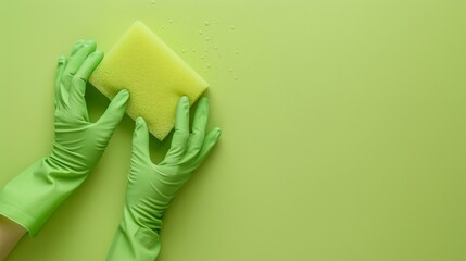 Hands in green gloves thoroughly cleaning a green background surface with a yellow sponge, symbolizing hygiene and the importance of regular disinfection to maintain cleanliness