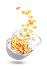 Tasty corn flakes with milk splashing out of bowl isolated on white