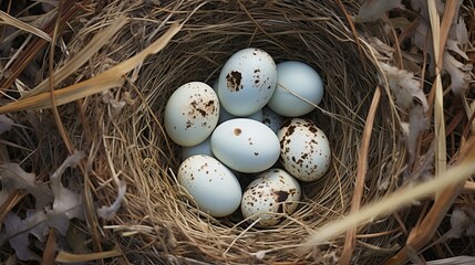 Obraz premium Close-up of speckled eggs nestled in a natural straw nest