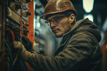 Witness a professional electrician in action as he performs electrical repairs on a switchboard, providing reliable maintenance service with expertise and precision.