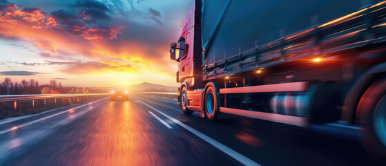 Experience the mesmerizing beauty of a sunset journey on the highway as a truck glides along the road, offering a panoramic view of the tranquil evening landscape.