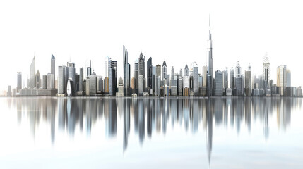 Explore the dynamic urban landscape with a panoramic view of skyscrapers and modern city buildings against a clean white background.
