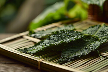 A macro capture of bitter gourd tea leaves on a bamboo tray, conveying a natural and organic feel.