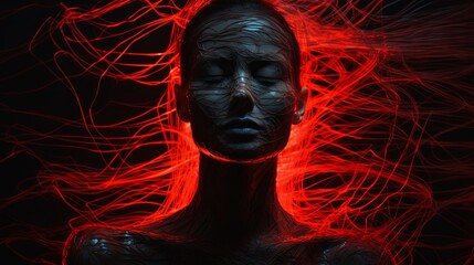 Mysterious adult caucasian woman with abstract red light patterns