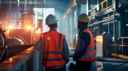 Engineers and factory managers wearing safety helmet inspect the machines in the production. inspector opened the machine to test the system to meet the standard. machine, maintenance