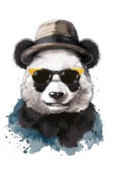 An illustrated panda with an elegant hat and yellow sunglasses
