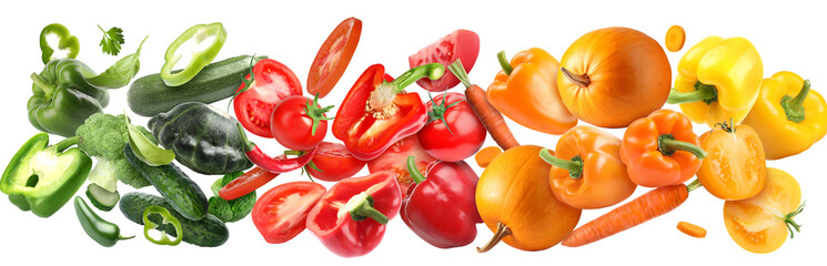 Different fresh vegetables in air on white background