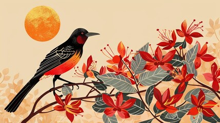 Vibrant illustrated bird perched on a blooming branch under the golden sun