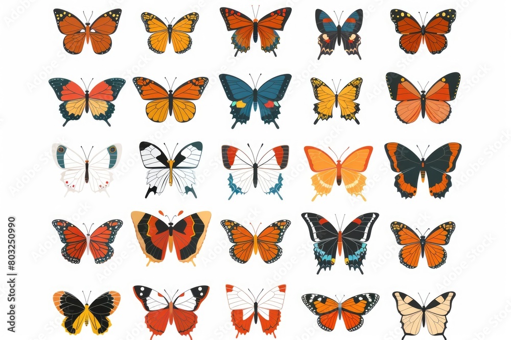 Poster a group of vibrant butterflies on a plain white backdrop. perfect for various design projects