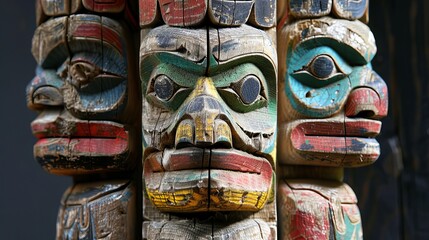 Detailed close-up of a weathered hand-carved totem pole with vibrant colors and patterns