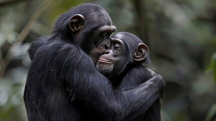 Fototapeta premium Tender moments between mother chimpanzee and baby in natural habitat