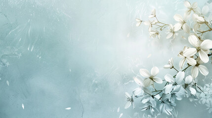 Serene nature background with white flowers and soft blue textures