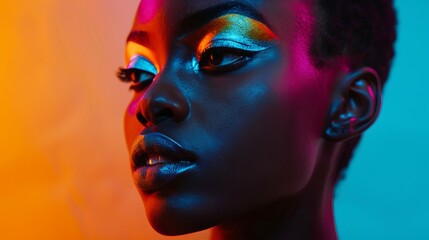 Vibrant colorful makeup on dark-skinned model with creative lighting