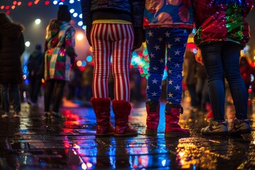 Patriotic Outfits and Christmas Lights Reflections. Back view of people in patriotic outfits, walking on a wet street reflecting colorful Christmas lights.