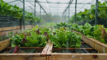 Organic farming, salad farm. Farmers harvest salad vegetables into wooden boxes in rainy. Hydroponics vegetable grow naturally. greenhouse garden, Ecological Biological, Healthy, Vegetarian, ecology