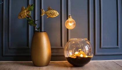 Modern home decor items, lights, flower vase, fish bow and others, simple cozy colorful decors for living space